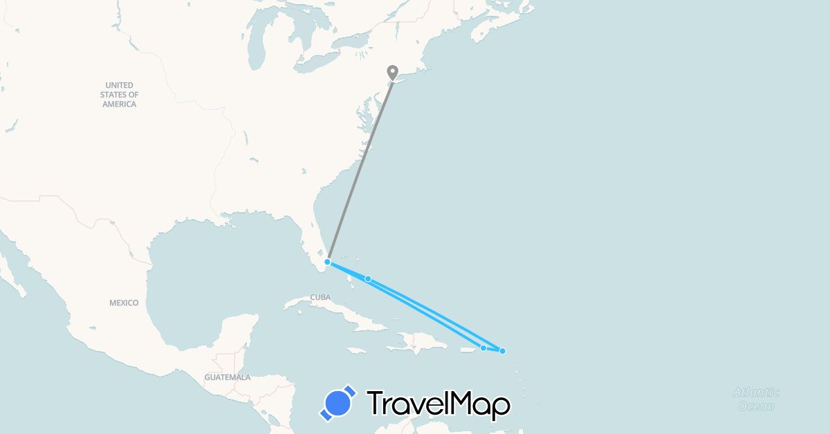 TravelMap itinerary: plane, boat in Bahamas, France, United States (Europe, North America)